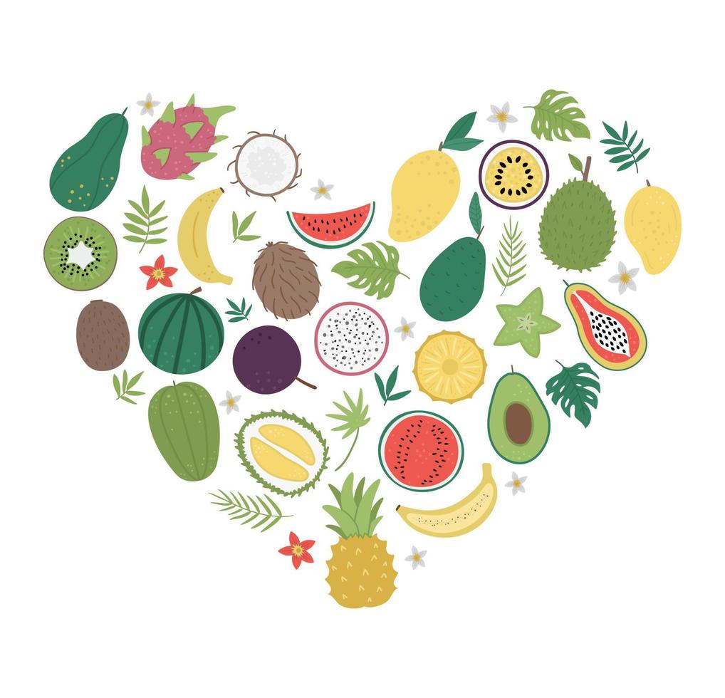 marco vectorial con frutas tropicales y bayas con rodajas y mitades. diseño de banner de follaje de selva enmarcado en forma de corazón. linda plantilla de tarjeta divertida con plantas exóticas. vector