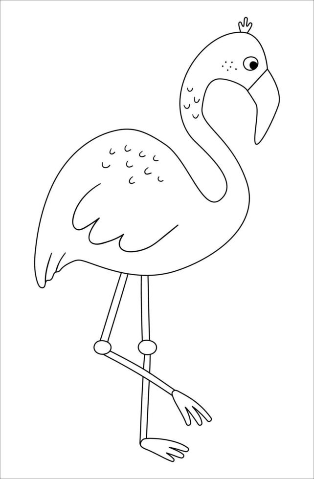 lindo contorno de flamenco vectorial. ilustración en blanco y negro de aves exóticas tropicales divertidas. divertida página para colorear para niños. imágenes prediseñadas de verano de la selva vector