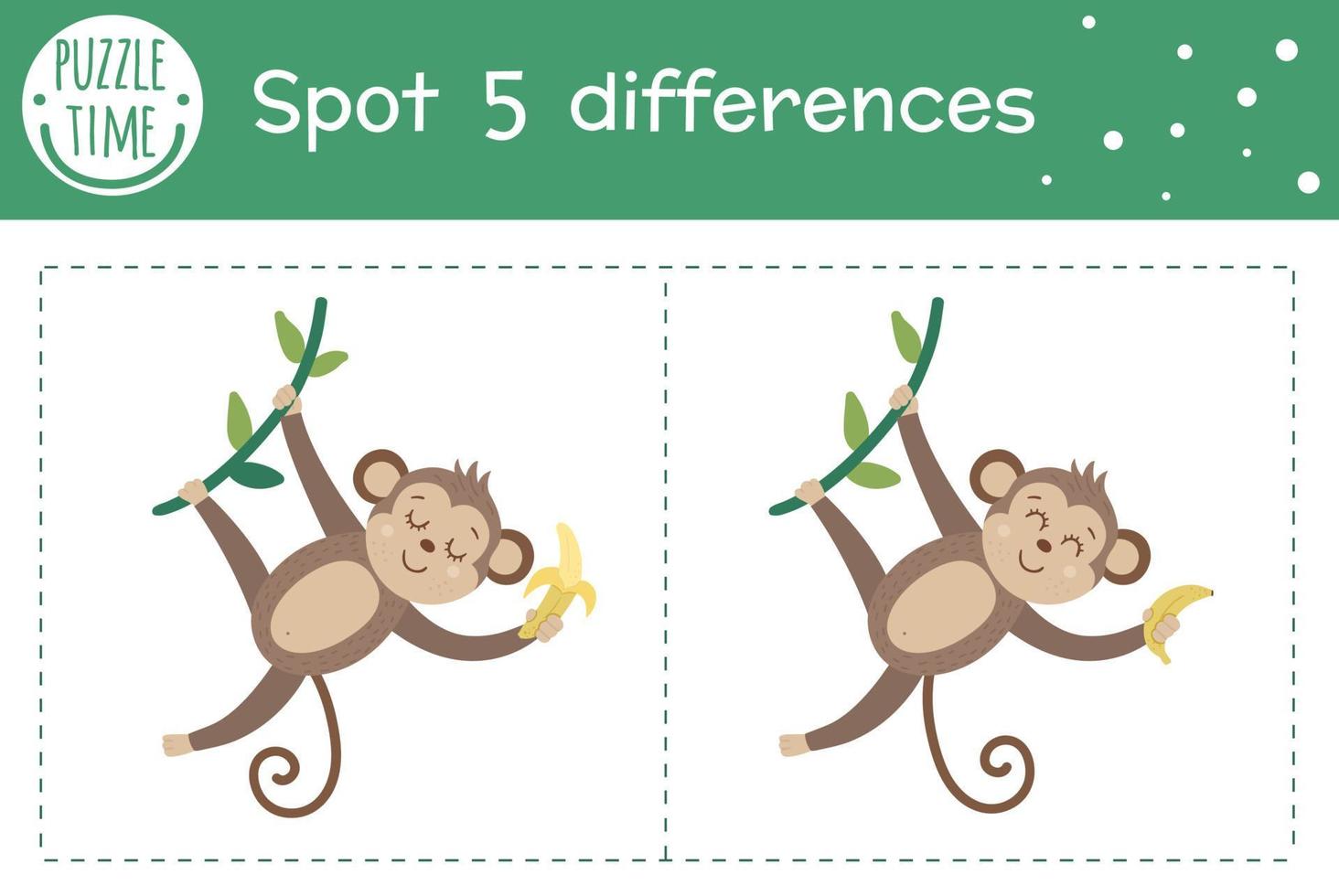 Tropical find differences game for children. Summer tropic preschool activity with monkey hanging on liana and holding banana. Puzzle with cute funny smiling characters. vector