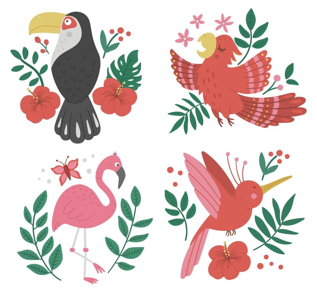 conjunto vectorial con lindas composiciones con pájaros exóticos, hojas, flores. divertidos animales tropicales y plantas ilustradas para el diseño de tarjetas, afiches o impresos. clip art de verano de la selva para niños vector