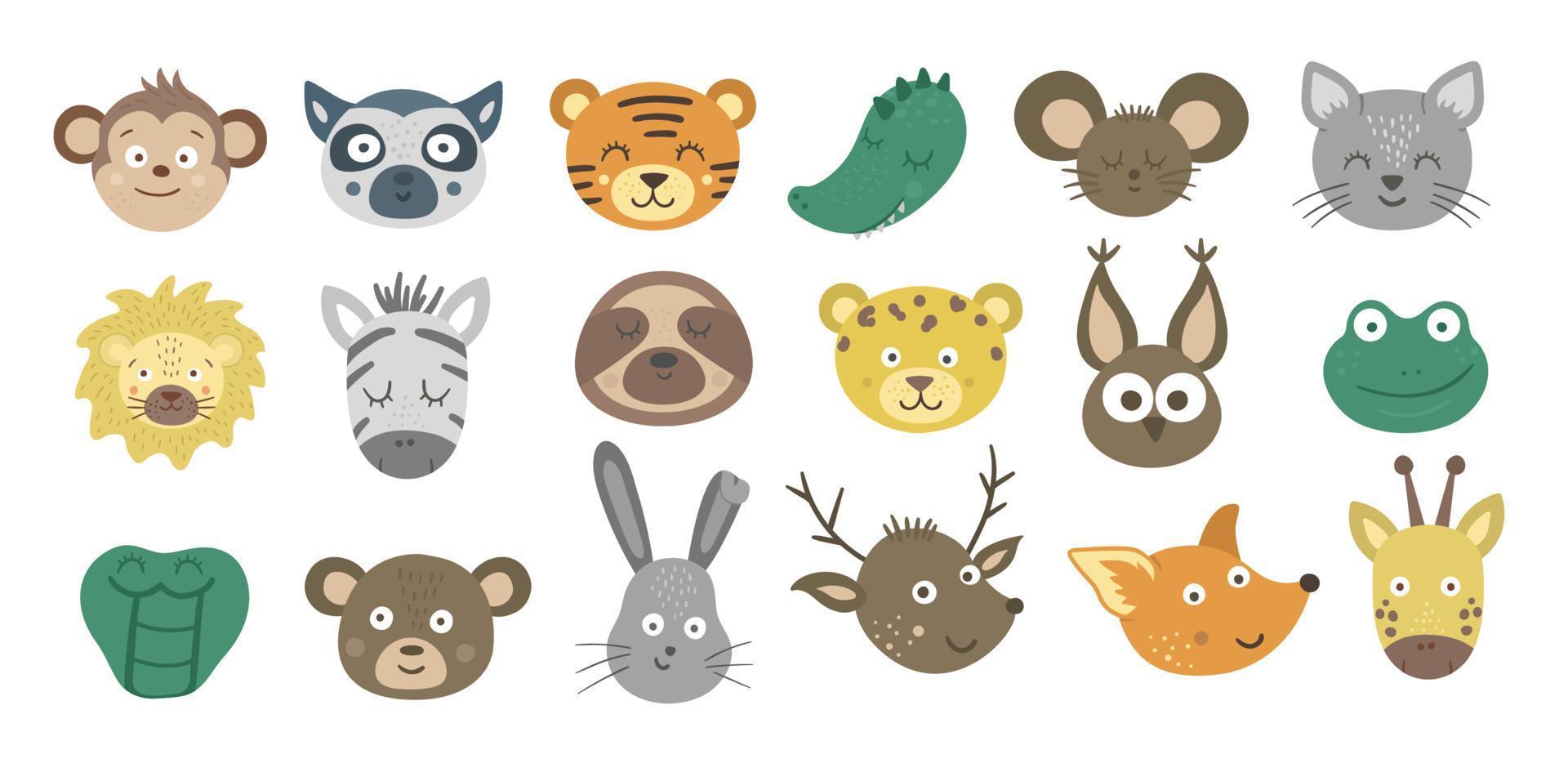 colección de caras de animales vectoriales. conjunto de pegatinas emoji de personajes tropicales y forestales. cabezas con expresiones divertidas aisladas sobre fondo blanco. lindo paquete de avatares vector