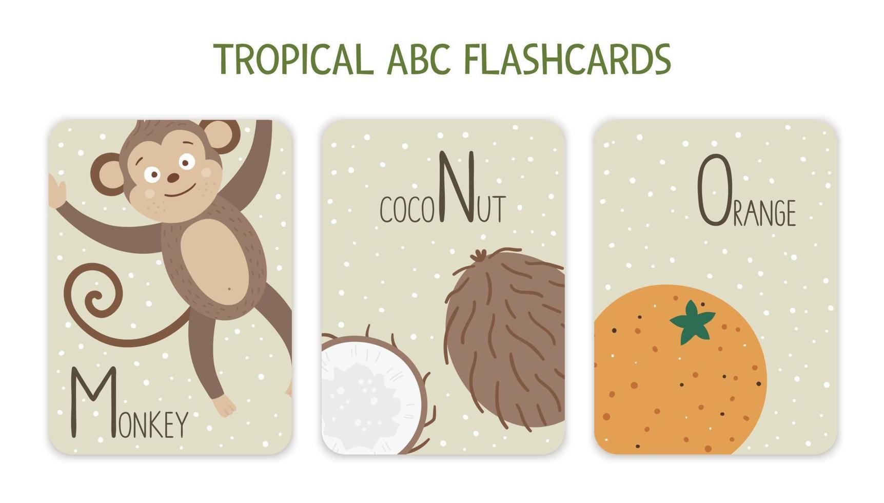 Colorful alphabet letters M, N, O. Phonics flashcard with tropical animals, birds, fruit, plants. Cute educational jungle ABC cards for teaching reading with funny monkey, coconut, orange. vector