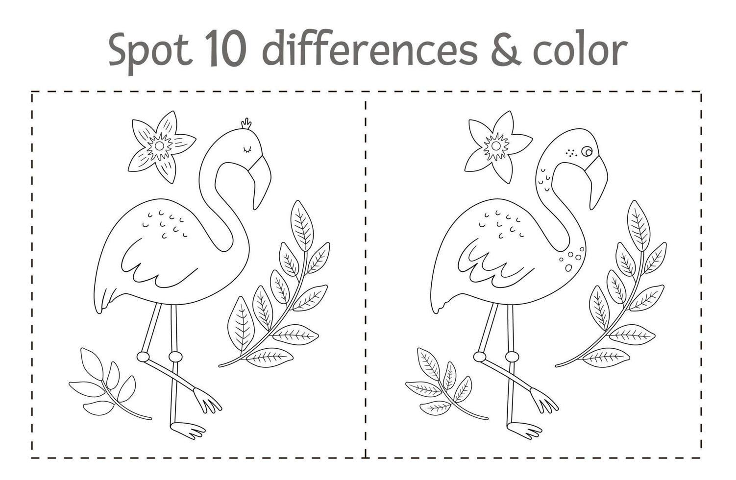 Tropical find differences and color game for children. Summer black and white tropic preschool activity with flamingo. Fun coloring page for kids vector