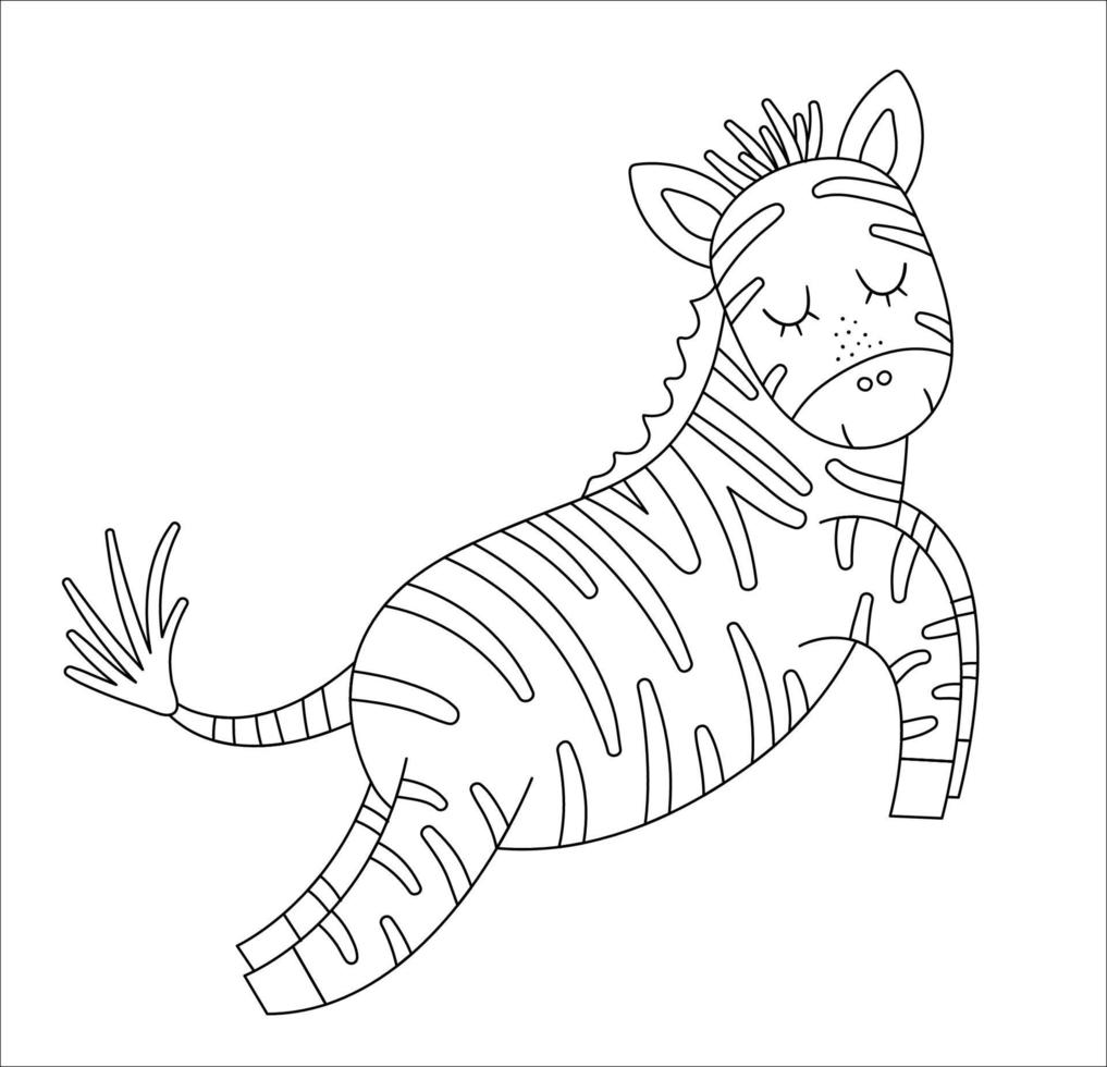 Vector cute zebra outline. Funny tropical exotic animal black and white illustration. Fun coloring page for children. Jungle summer clip art