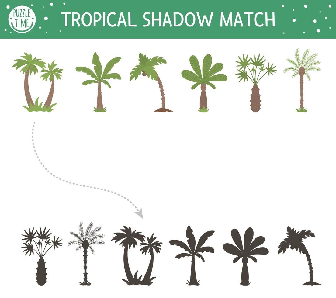 Tropical shadow matching activity for children. Preschool jungle puzzle. Cute exotic educational riddle. Find the correct palm tree silhouette printable worksheet. Simple summer game for kids vector