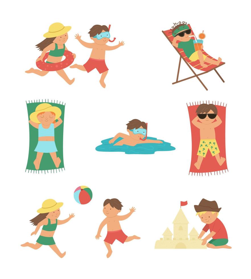 conjunto vectorial con niños haciendo actividades de verano. niños jugando en la playa. chicas y chicos lindos nadando, jugando a la pelota, construyendo castillos de arena y tumbados al sol. divertida ilustración de verano vector