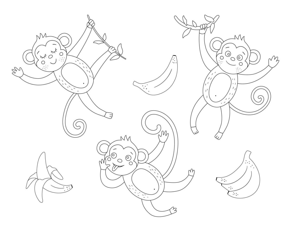 Vector cute monkey with bananas outline set. Funny tropical exotic animal and fruit black and white illustration. Fun coloring page for children. Jungle summer clip art collection