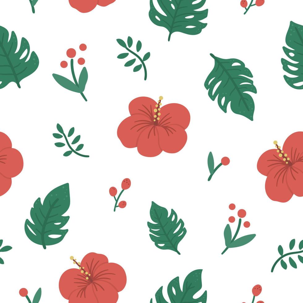 Vector tropical seamless pattern with monstera leaves and flowers. Jungle foliage repeat background. Hand drawn flat exotic plants background. Bright childish summer greenery texture.