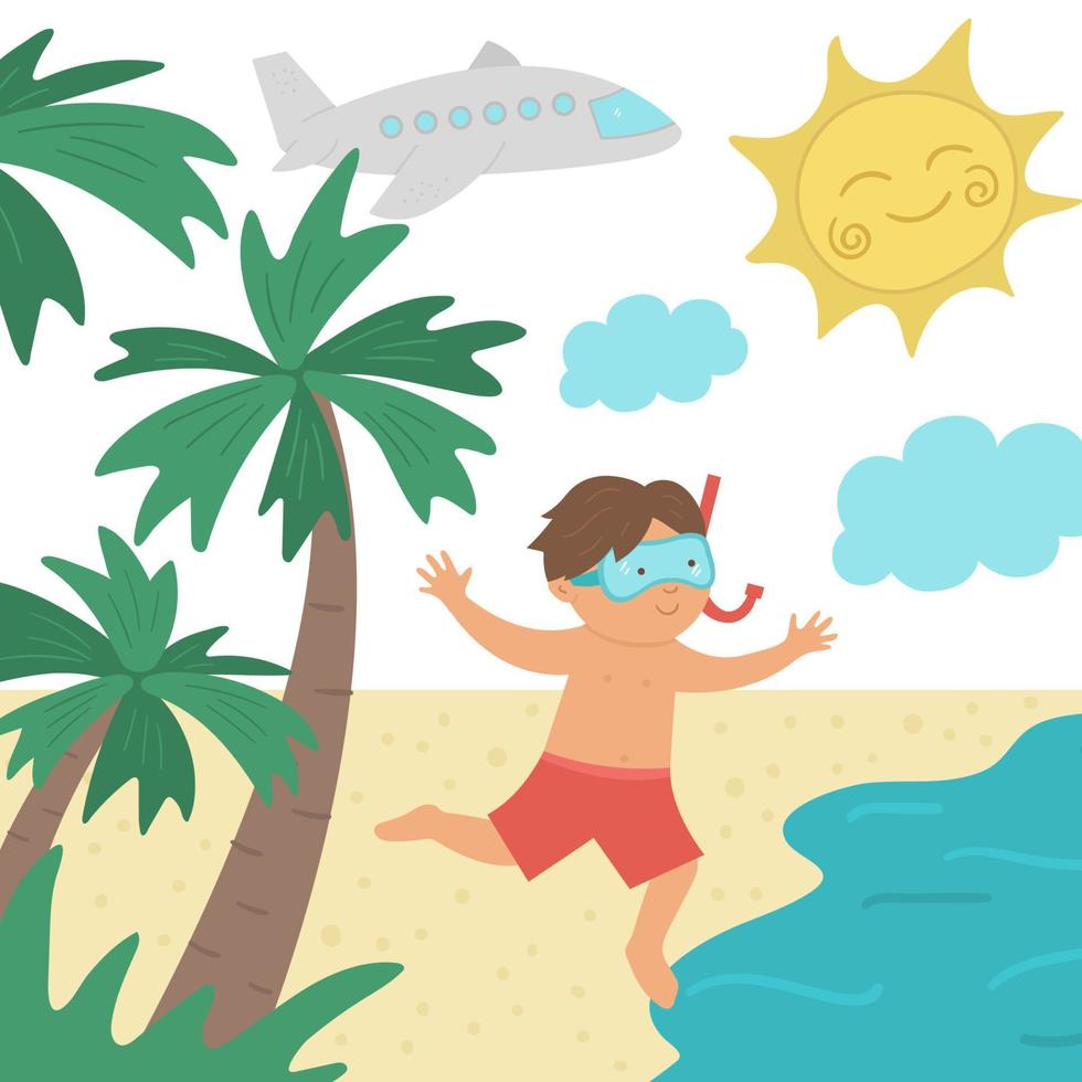 niño vector corriendo hacia el mar. ilustración de playa tropical plana con niño divertido, agua, palmeras, sol. lindo concepto de verano para niños. tarjeta divertida o plantilla de diseño de banner