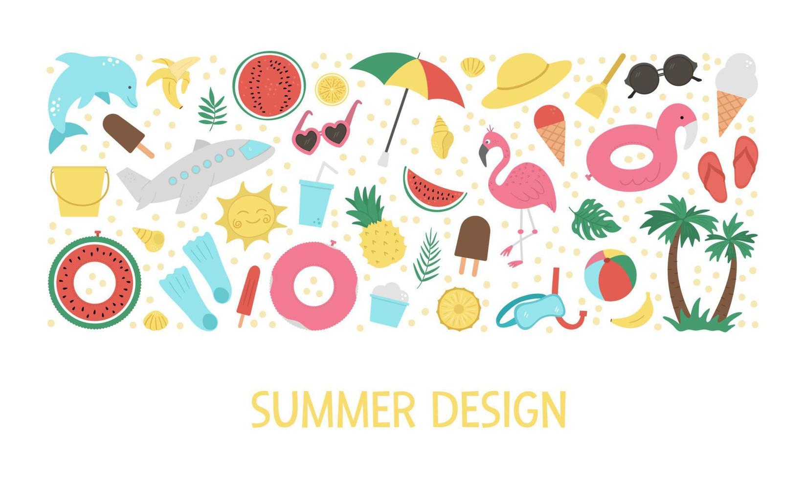 Vector horizontal set with summer clipart elements isolated on white background. Funny banner design with cute palm tree, plane, sunglasses, funny inflatable rings. Vacation beach summer card template