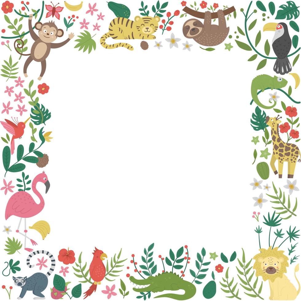 marco cuadrado vectorial con lindos animales exóticos, hojas, flores, frutas aisladas en fondo blanco. divertido diseño de pancartas con aves y plantas tropicales. plantilla de tarjeta de verano de la selva vector