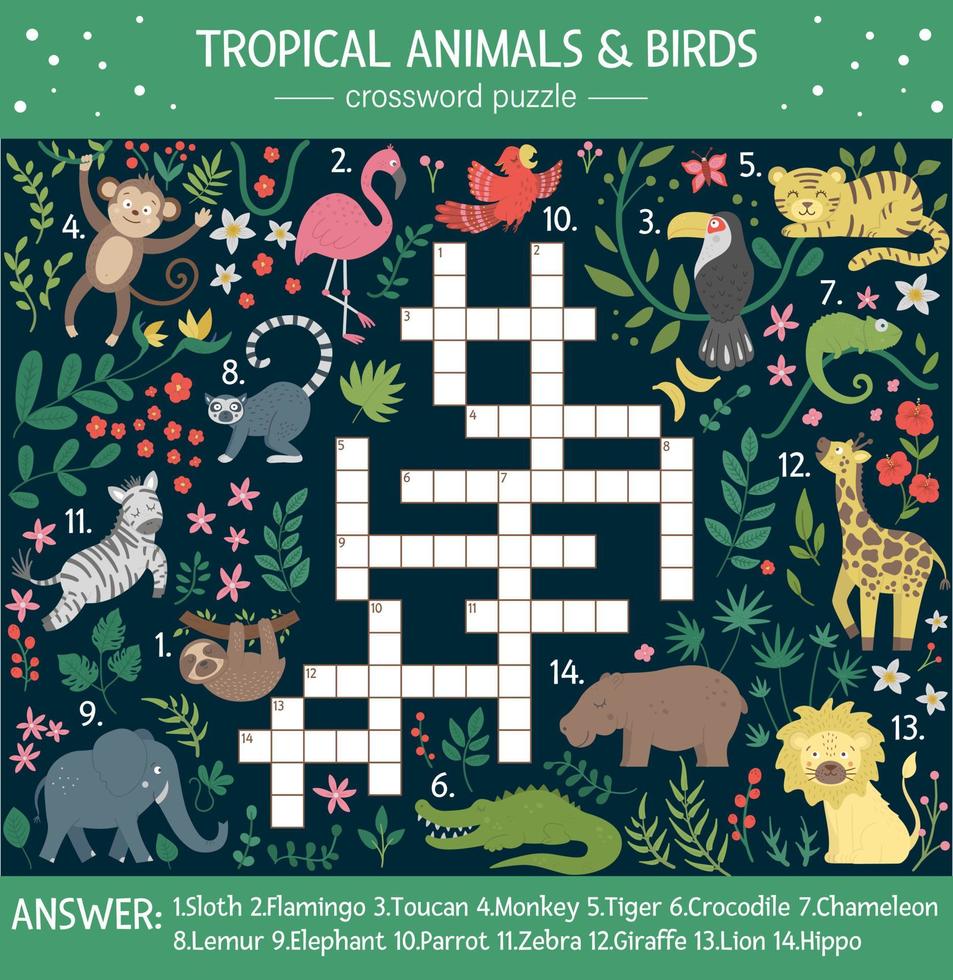 Vector summer crossword puzzle for kids. Quiz with tropical animals and birds for children. Educational jungle activity with cute funny characters