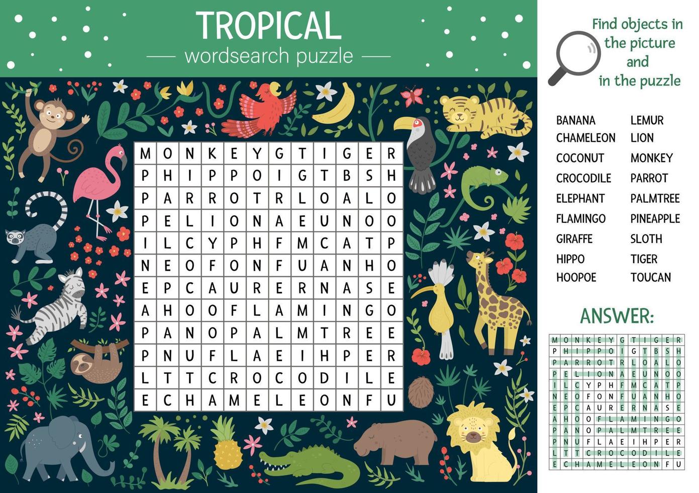 rompecabezas de búsqueda de palabras de verano vectorial para niños. palabra clave con animales tropicales y pájaros para niños. actividad educativa de crucigramas de la jungla con lindos personajes divertidos vector