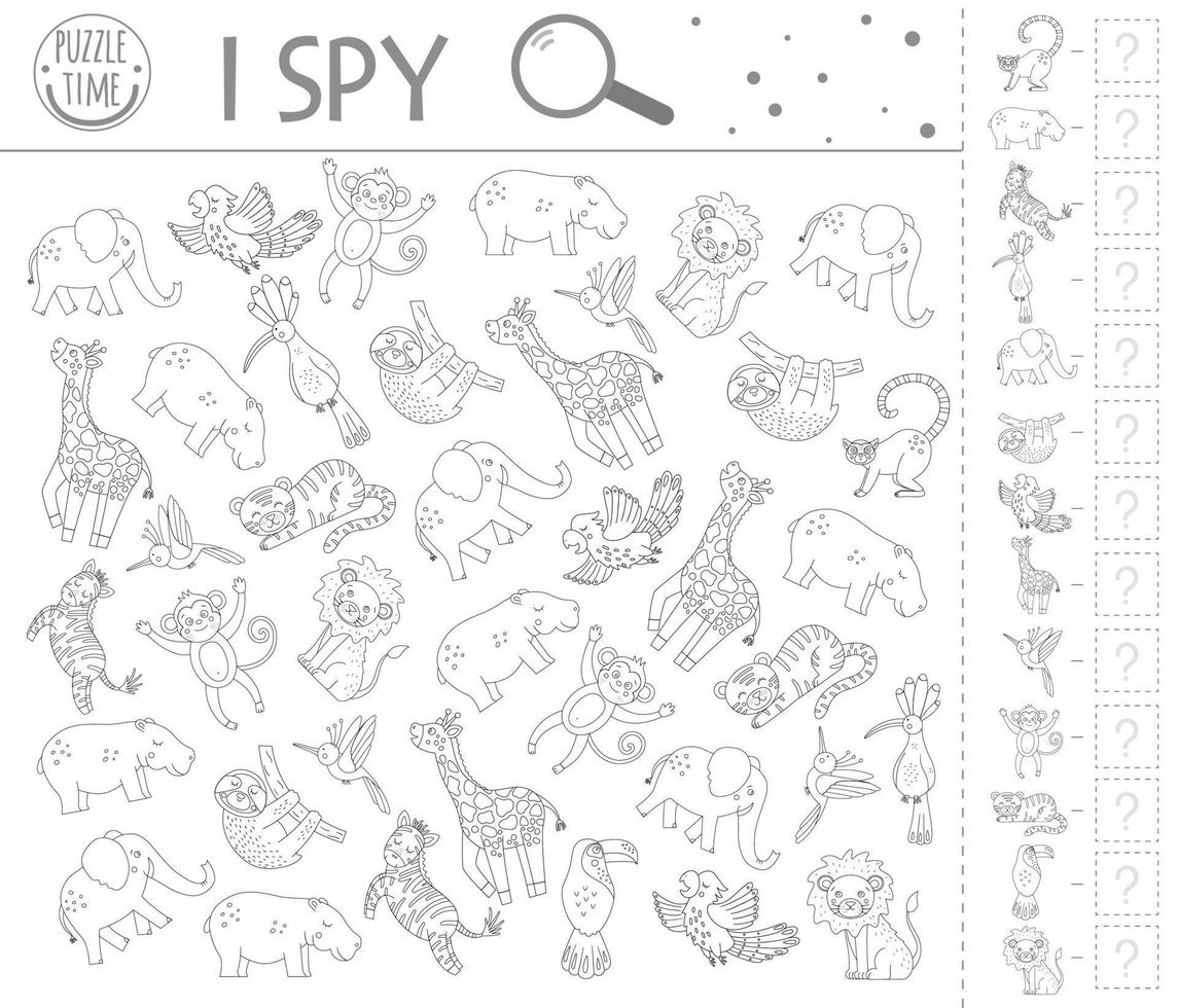 Tropical I spy game for kids. Exotic searching and counting activity for preschool children with cute animals. Funny jungle game for kids. Logical quiz printable worksheet. Simple summer game. vector