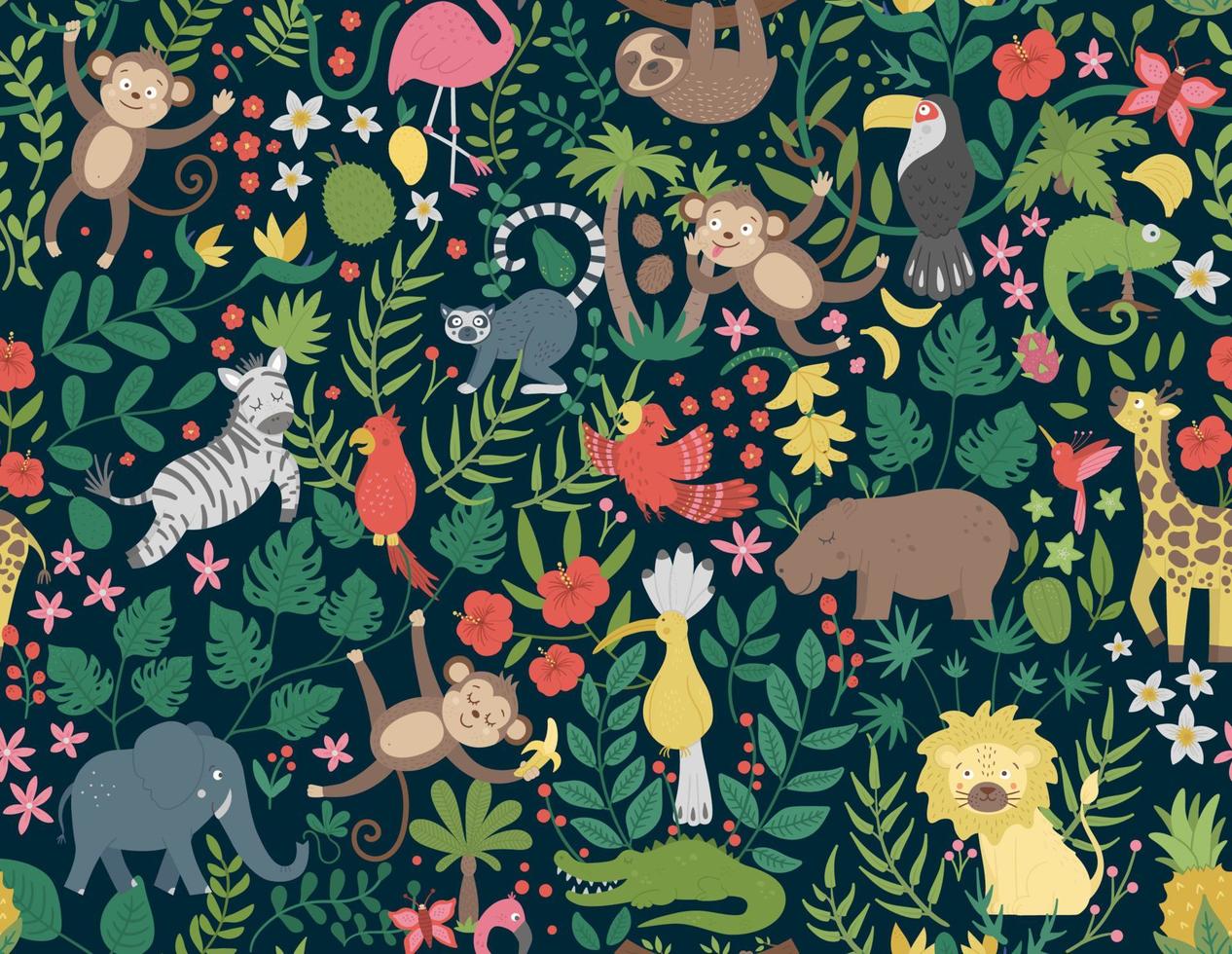 Vector seamless Pattern with cute exotic animals, leaves, flowers, fruits. Funny tropical repeat background with birds and plants. Bright flat illustration for children. Jungle summer texture