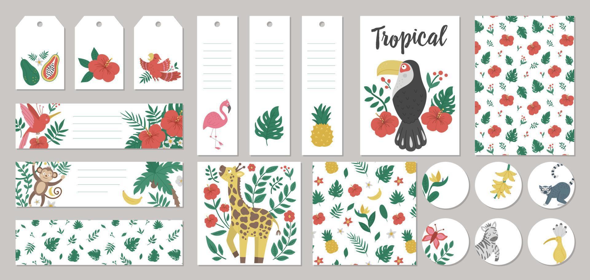 conjunto de etiquetas de regalo de verano vectorial, etiquetas, diseños prefabricados, marcadores con animales tropicales, plantas, flores, frutas. divertidas plantillas de tarjetas exóticas con lindos personajes de la jungla. vector