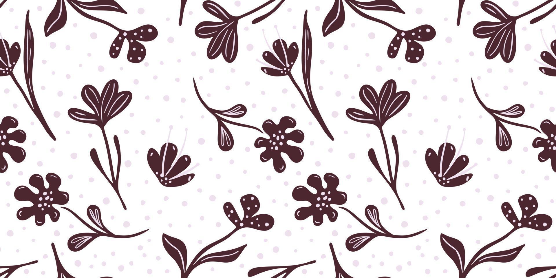 Abstract floral seamless pattern on white background. Brown flowers meadow in doodle style. vector