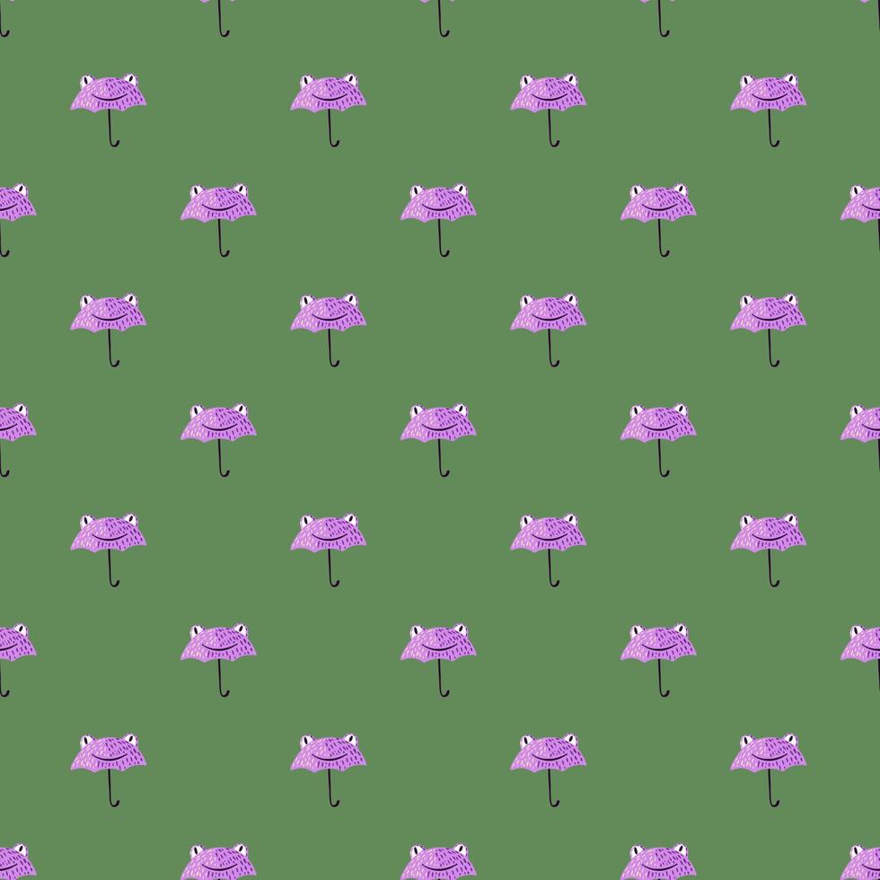 Seamless pattern cute frog umbrella. Background of funny accessory shape head toad in doodle style. vector