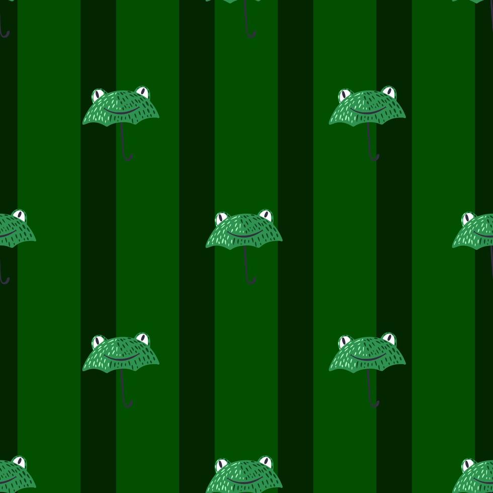 Seamless pattern cute frog umbrella. Background of funny accessory shape head toad in doodle style. vector