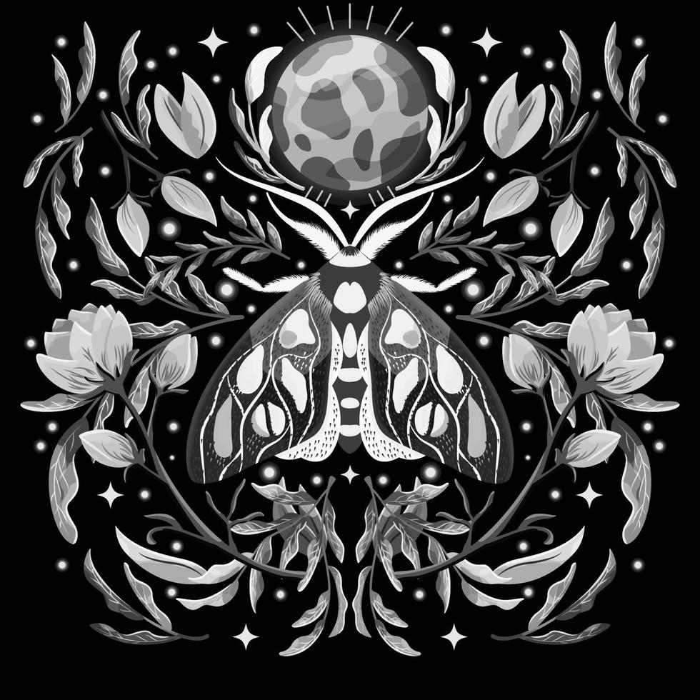 Moth and floral motifs, pattern design in symmetry. Monochrome black and white flat vector illustration with moth, flowers, floral elements and stars.
