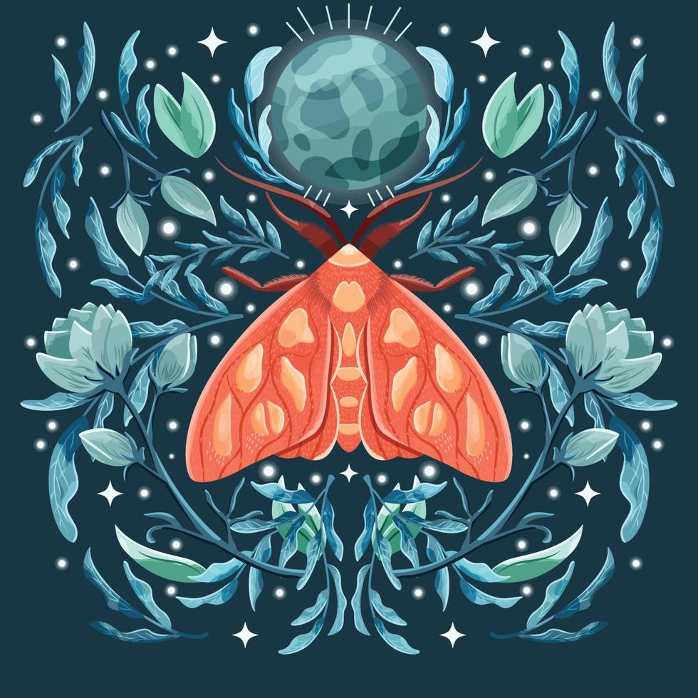 Moth and floral motifs, pattern design in symmetry. Colorful flat vector illustration with moth, flowers, floral elements and stars.