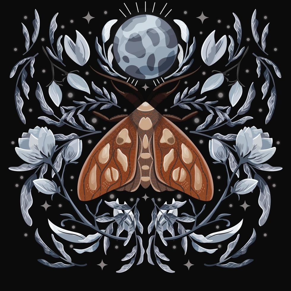 Moth and floral motifs, pattern design in symmetry. Colorful flat vector illustration with moth, flowers, floral elements and stars.