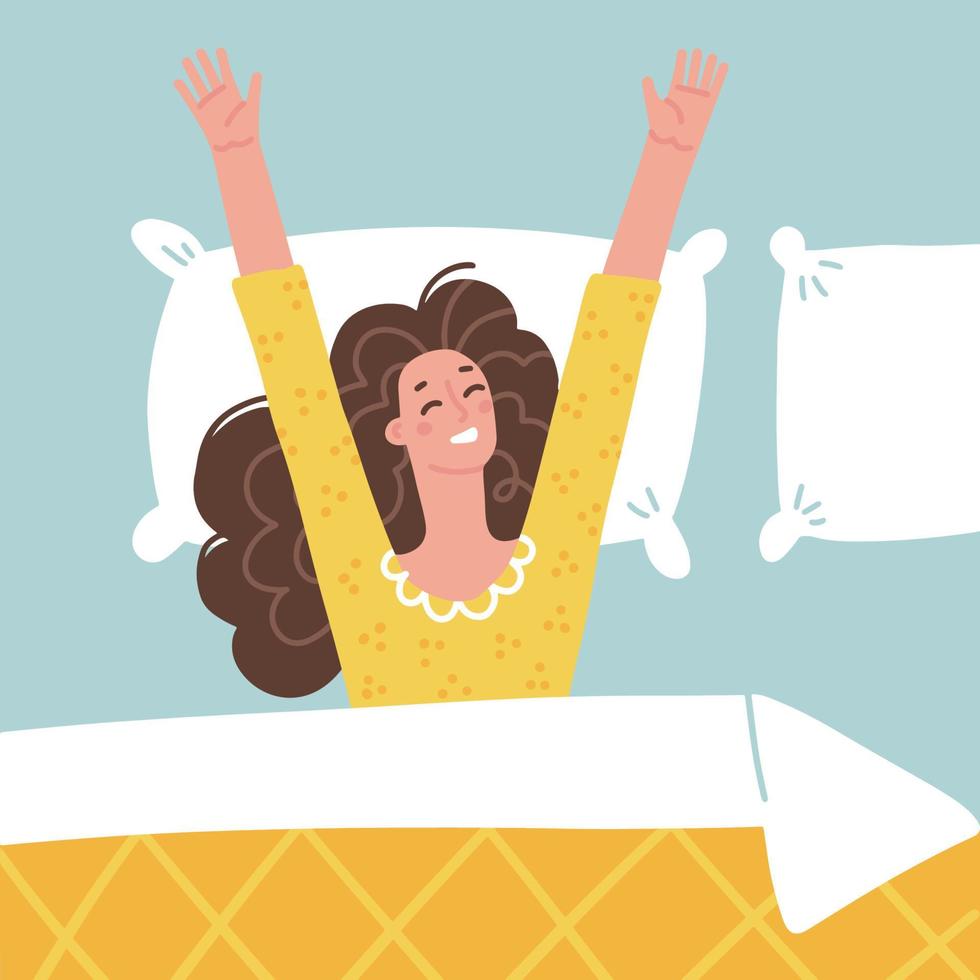 mujer feliz despertando y estirándose en la cama. metáfora de buenos días. niña acostada en pijama debajo de la manta. concepto de estilo de vida saludable de las personas. ilustración de carácter vectorial plano de vista superior. vector