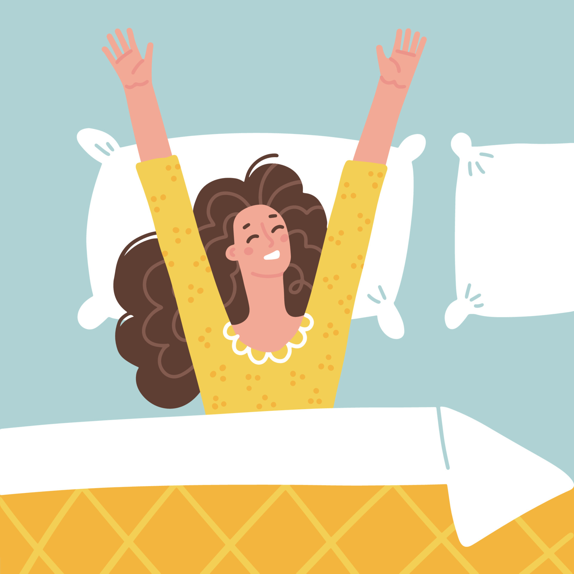 mujer feliz despertando y estirándose en la cama. metáfora de buenos días.  niña acostada en pijama debajo de la manta. concepto de estilo de vida  saludable de las personas. ilustración de carácter