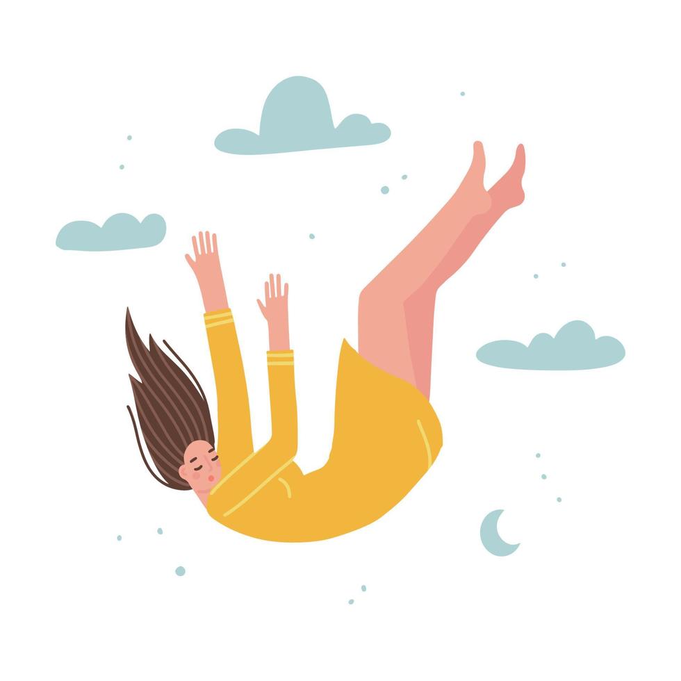 Young woman falling from sky. Female character breaks away. Metaphor concept of psychological falling down. Loss of meaning in life. Flat vector character illustration.