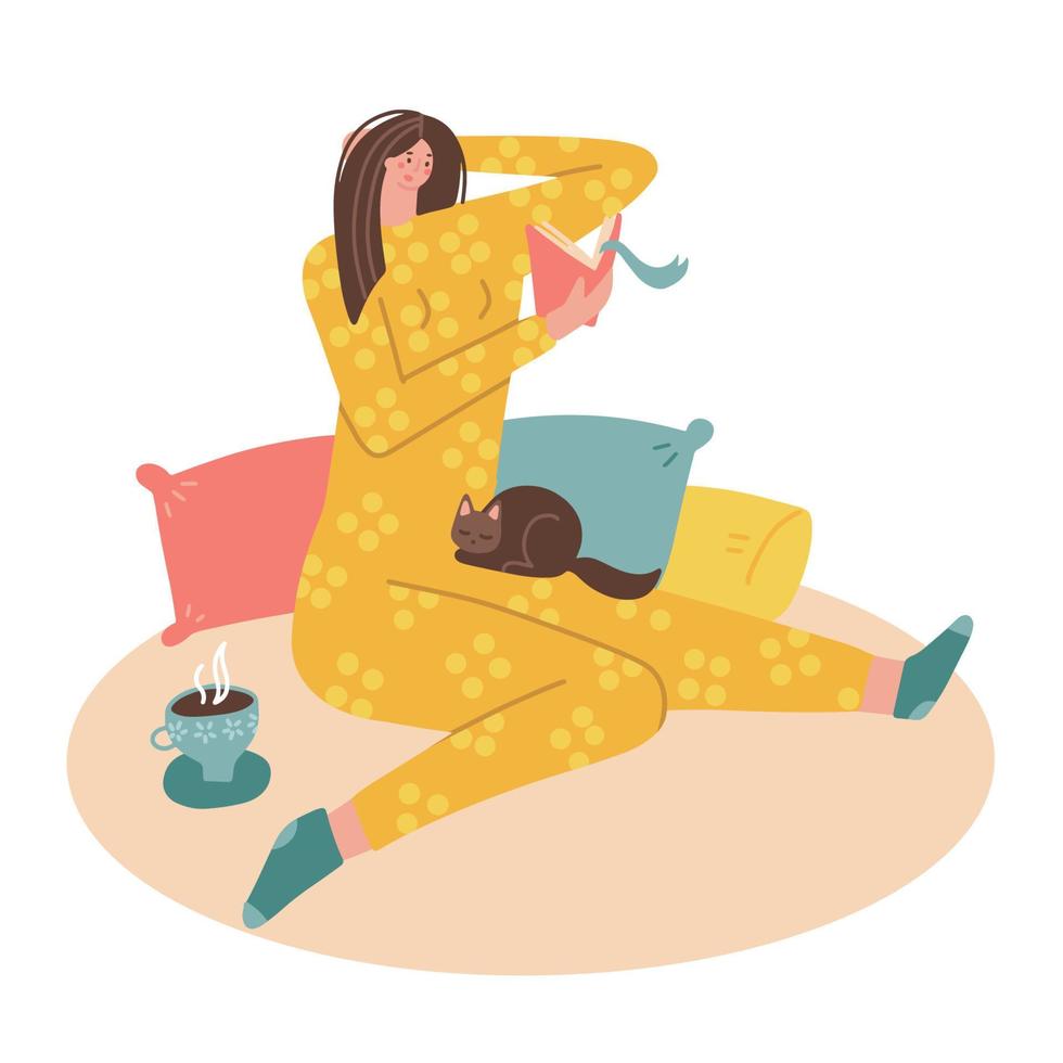 Girl in pajamas reading a book while sitting on pillows and drinking tea. Book lover concept. Flat hand drawn vector character illustration.