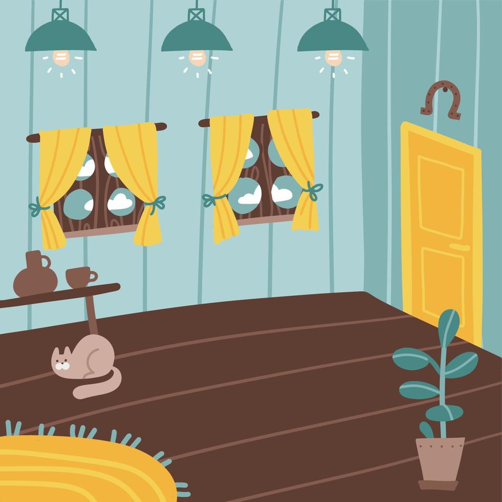 Cozy room interior with wooden floor, small windows with curtains, yellow door, houseplant. Empty space for text. Flat hand drawn vector illustration.