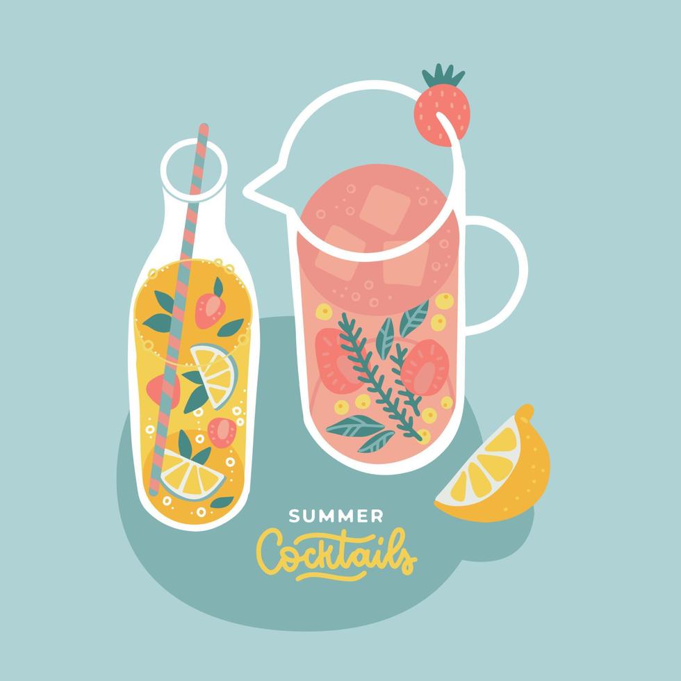 naturaleza muerta con jarra de vidrio y botella de cócteles de verano de desintoxicación, bebidas refrescantes con bayas, lima y menta, hierbas de romero. limonada con rodajas de frutas. ilustración dibujada a mano plana vectorial. vector