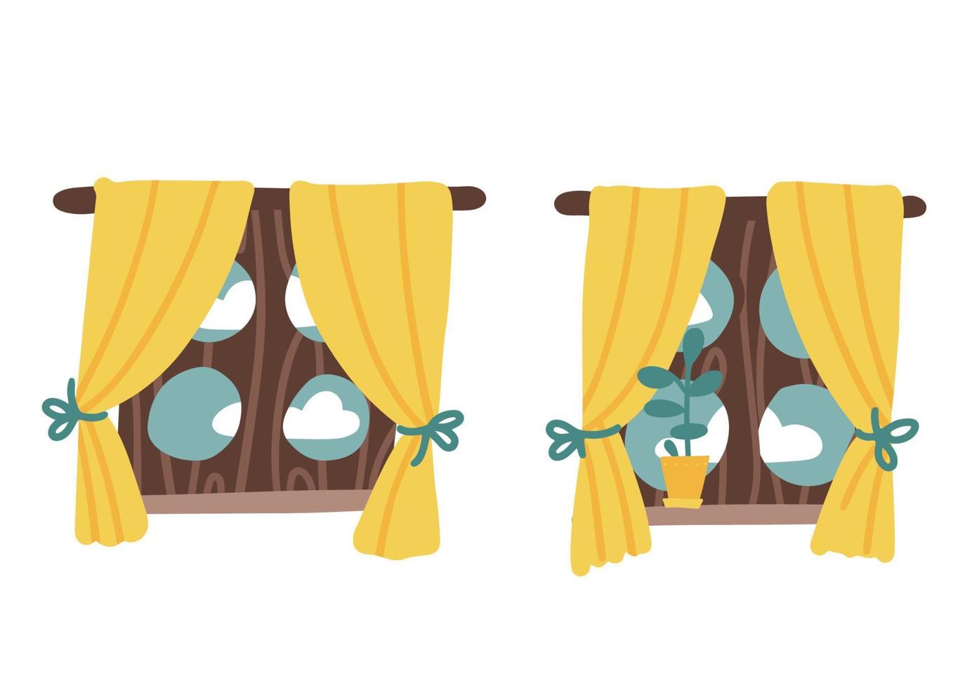 Set of two isolated windows look out on the scenery, beautiful and natural. Wooden rustic window from a medieval fairy tale with yellow curtains. Cartoon flat hand drawn vector illustration.