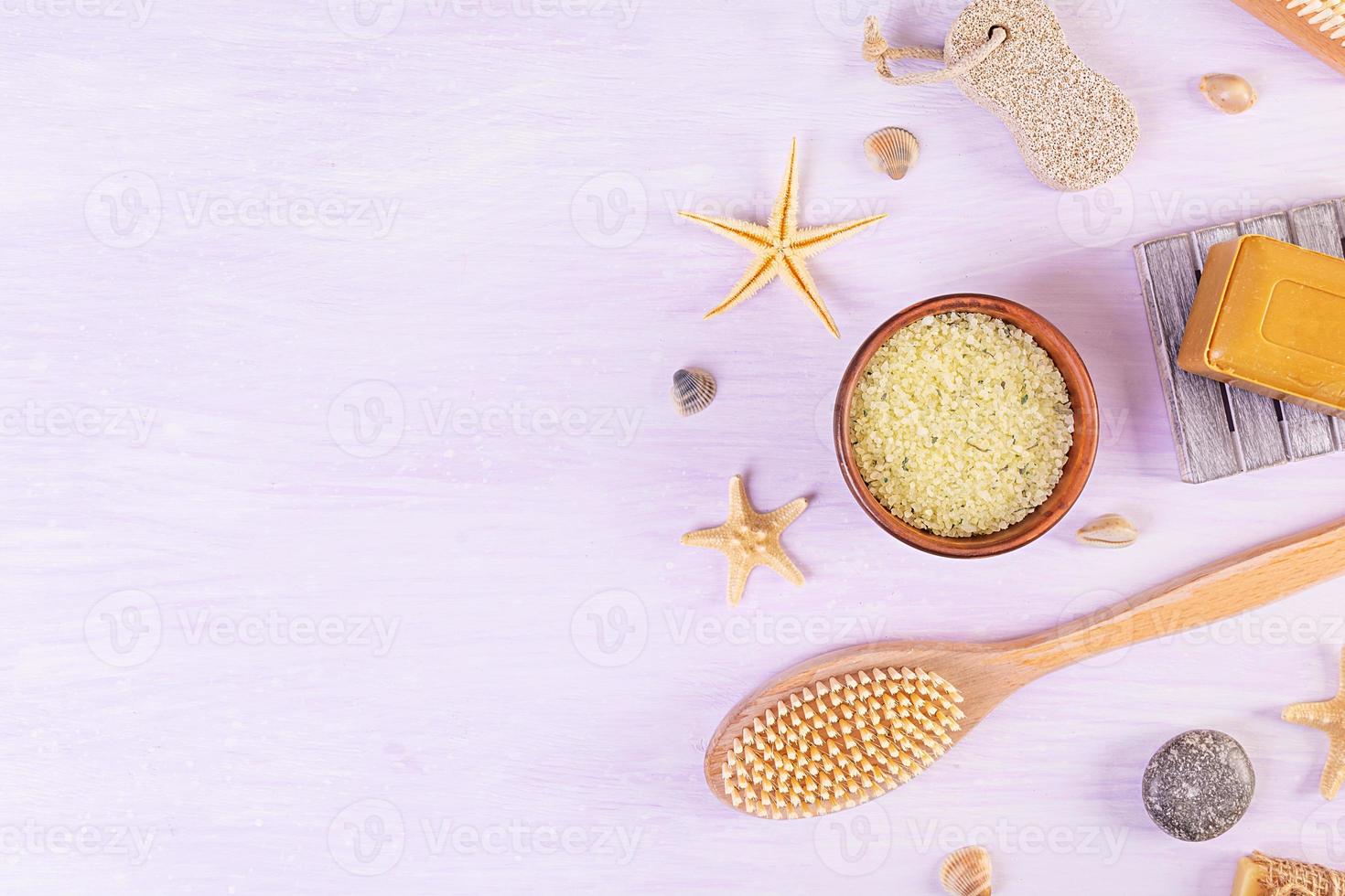 Bathroom accessories. Spa and beauty theatment products. Concept of natural spa cosmetics and organic threatment bodycare. Top view photo