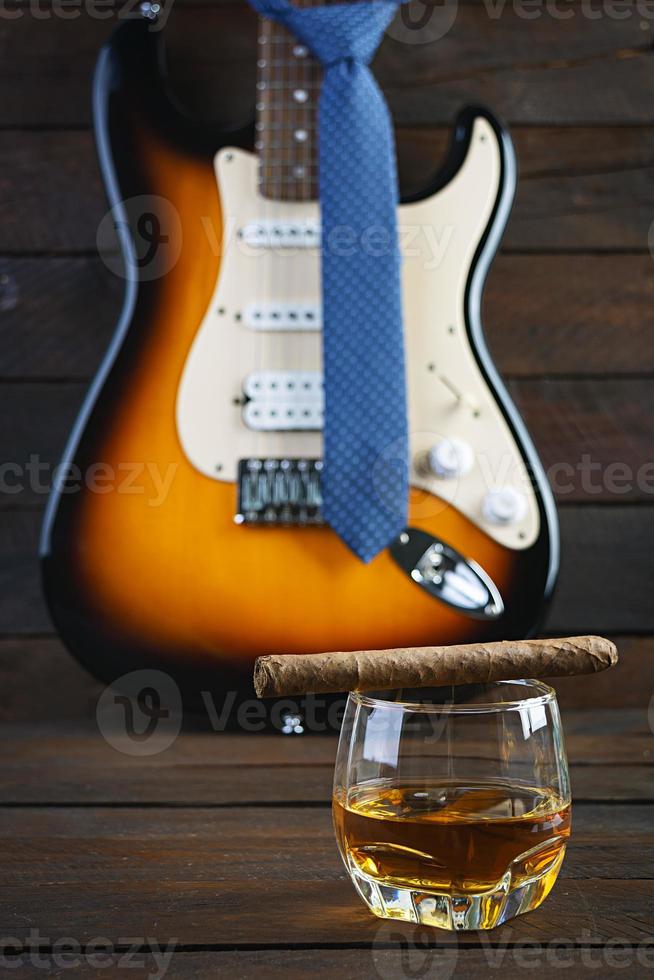 Happy Fathers day. Vintage concept with view of whiskey and cigar photo