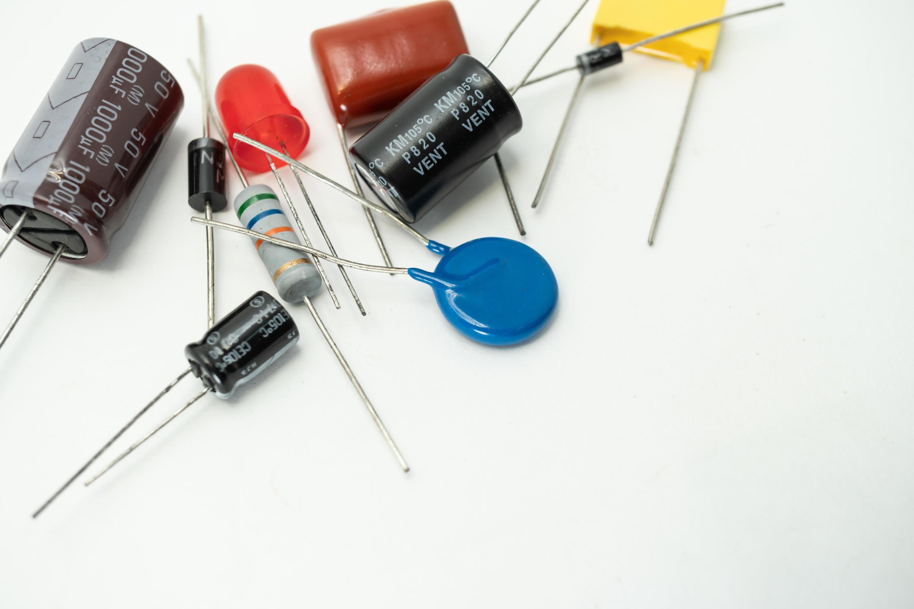 Group of various electronic components diode capacitors resistors LEDs