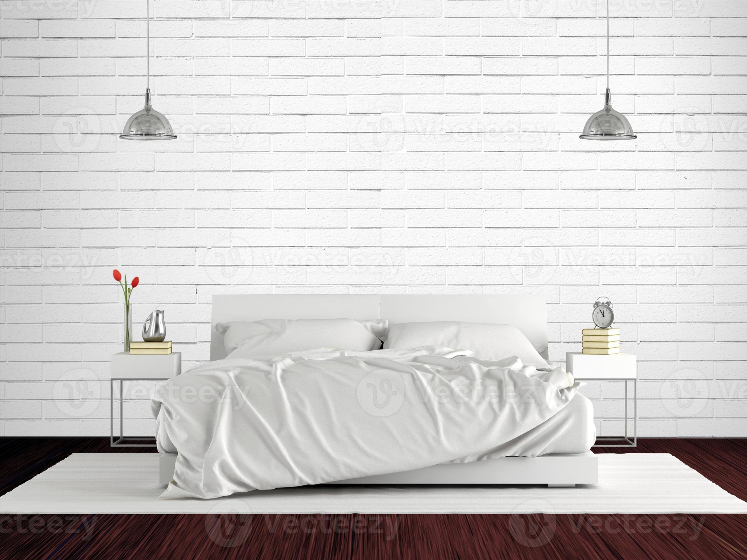 Minimalist master bedroom with double bed against white brick wall - 3d  rendering 7149375 Stock Photo at Vecteezy