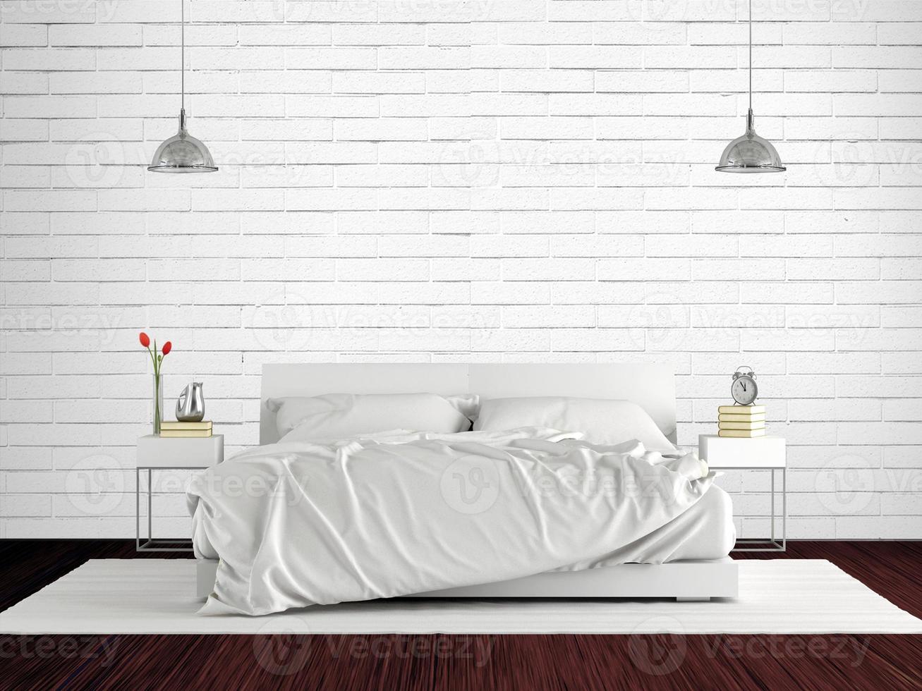 dormitorio principal minimalista con cama doble contra pared de ladrillo blanco - 3d de renderizado foto