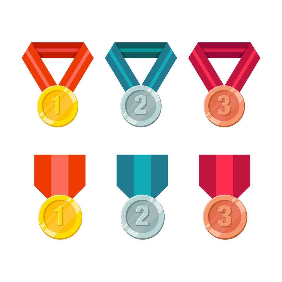 Flat vector illustration of award medal. Suitable for design element of gold, silver, and bronze medal. Medal badge with ribbon collection.