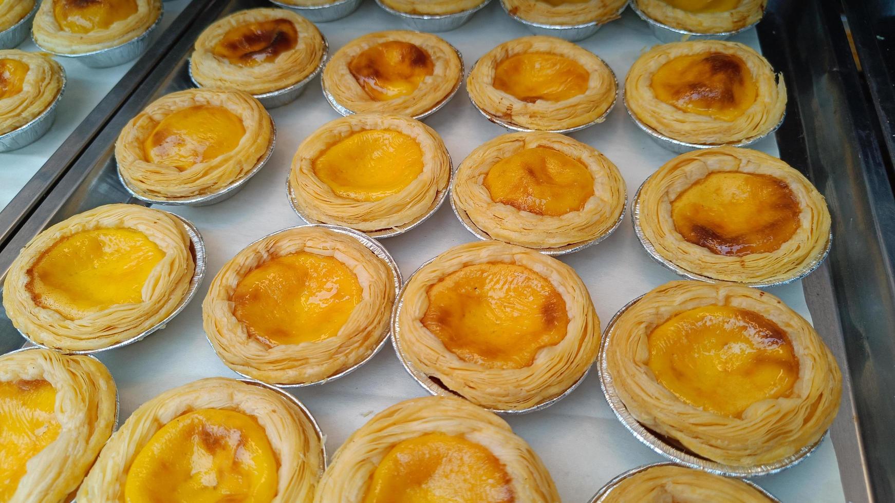Golden brown egg tarts on a tray Appetizing desserts for sweet lovers photo