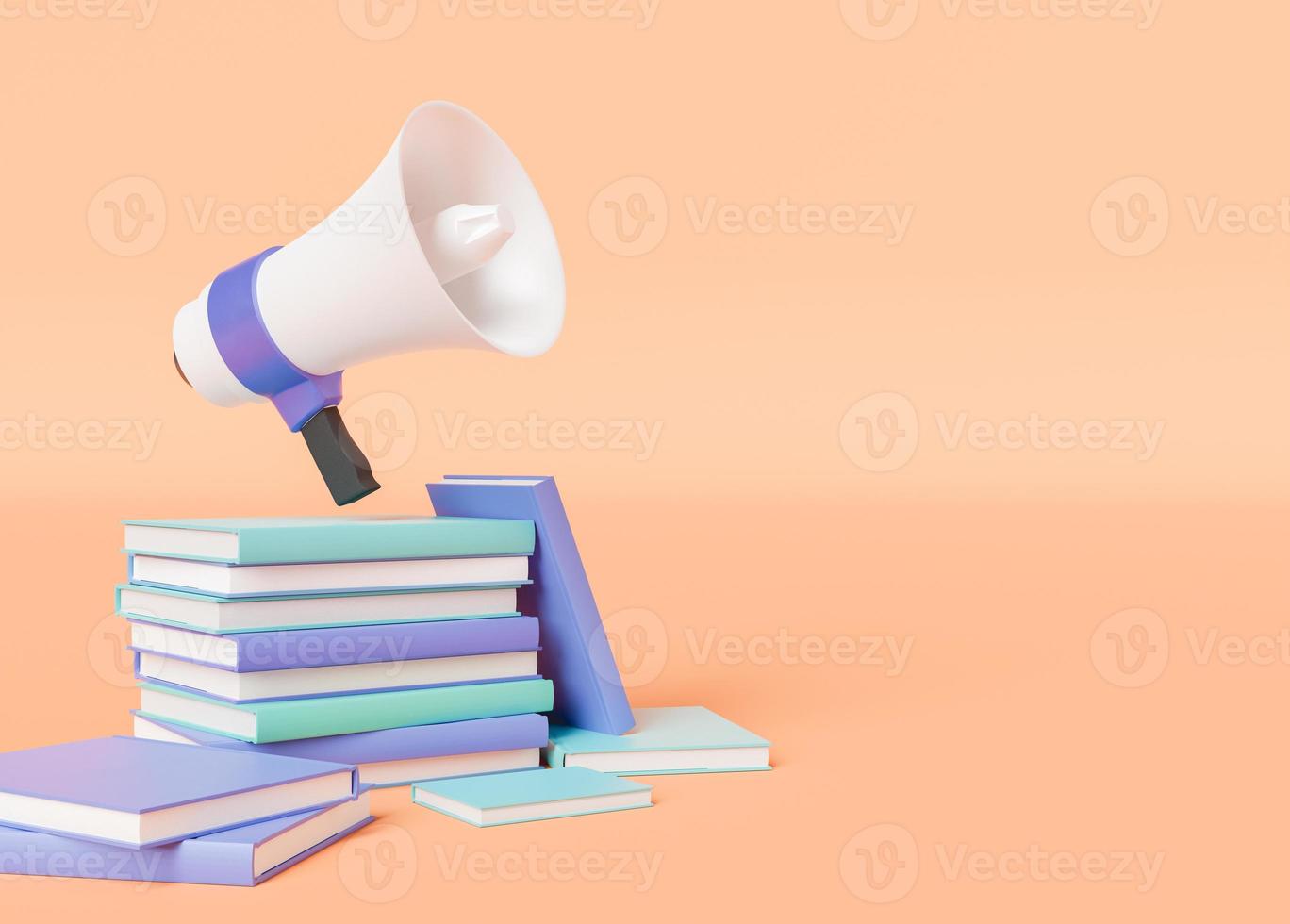 3d illustration with stack of books and loudspeaker photo