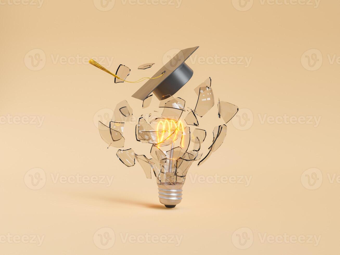 Breaking glowing light bulb in graduation cap photo