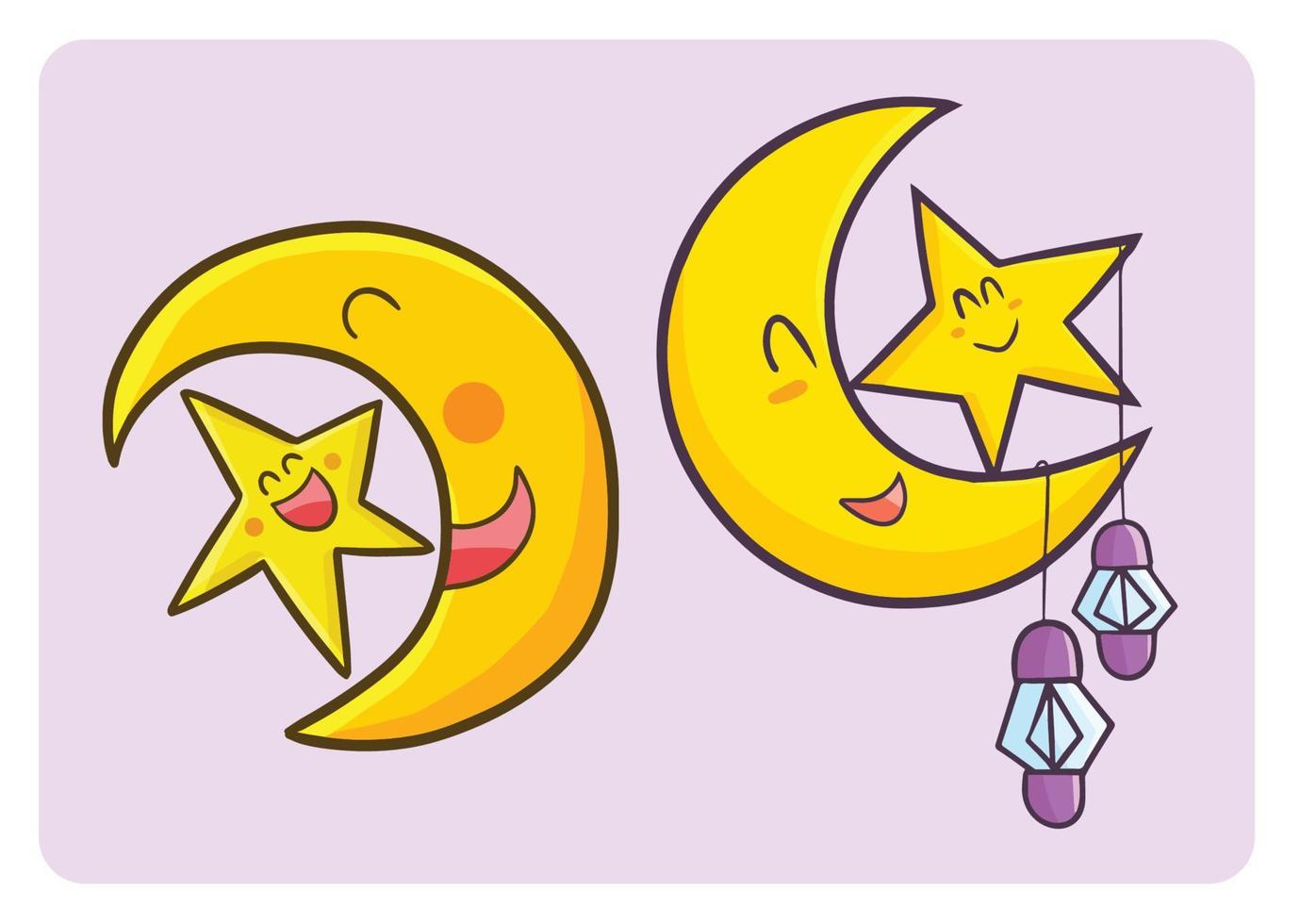 Ramadan moon and star cartoon illustrations vector