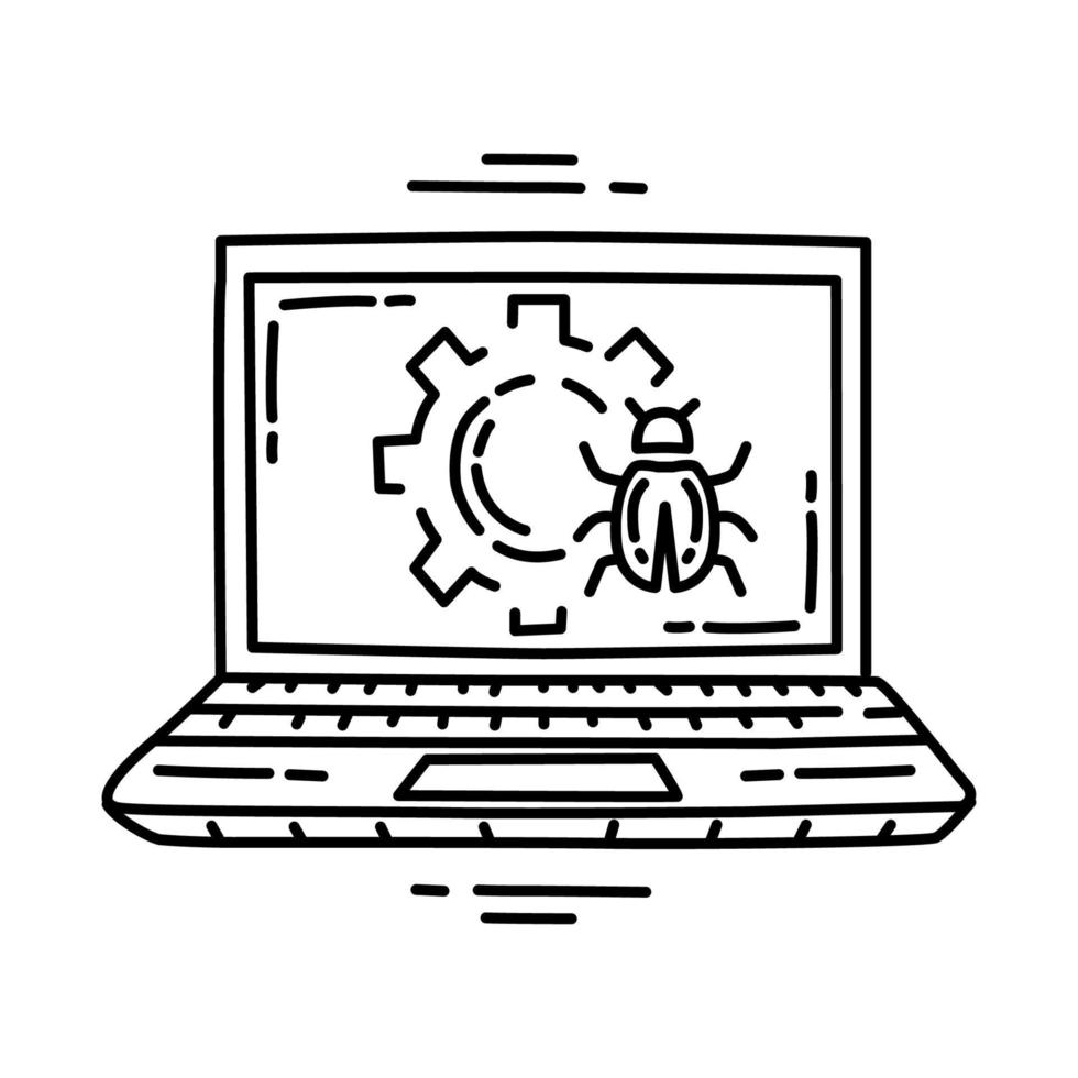 icono de la computadora con malware. garabato dibujado a mano o estilo de icono de contorno. vector
