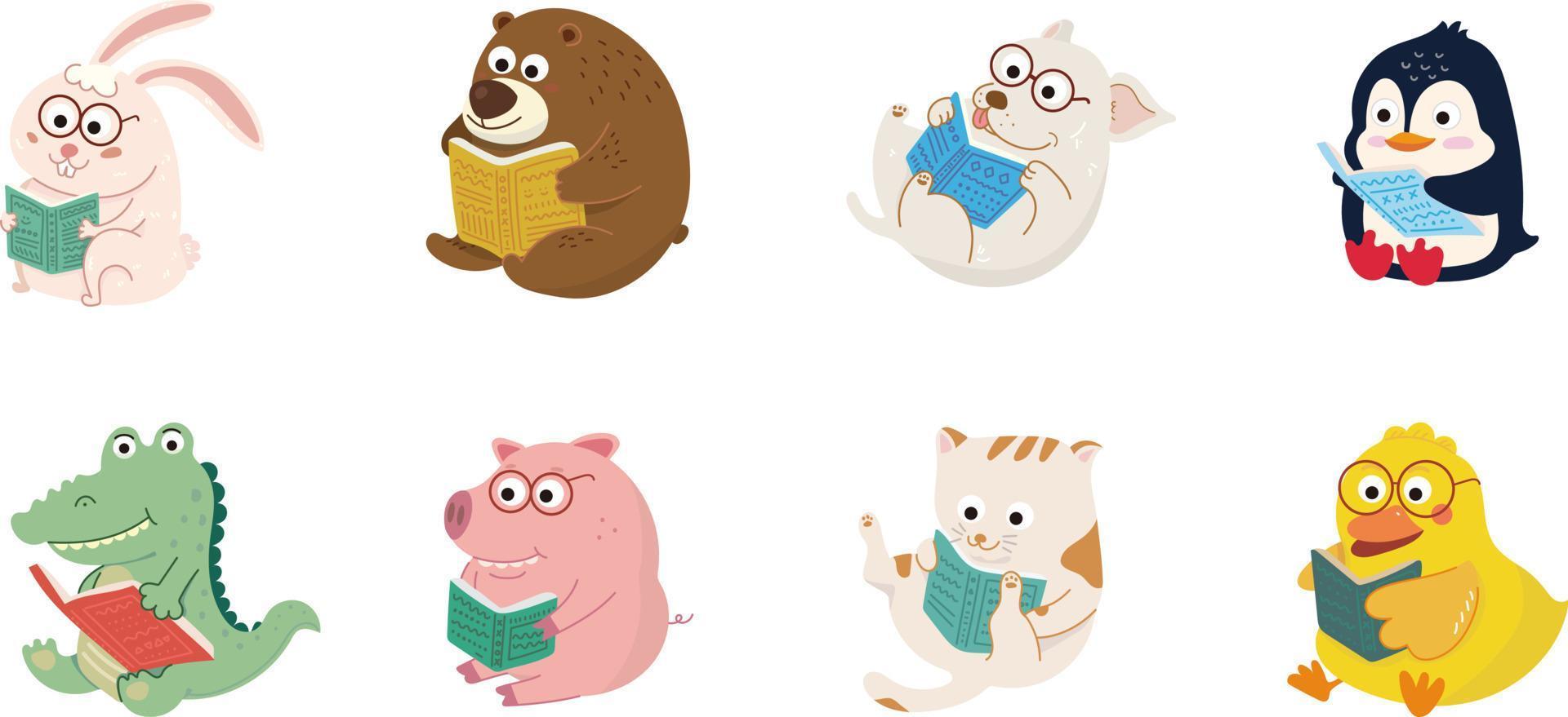 lindos personajes de animales de dibujos animados leyendo libros, ilustración educativa para niños. vector