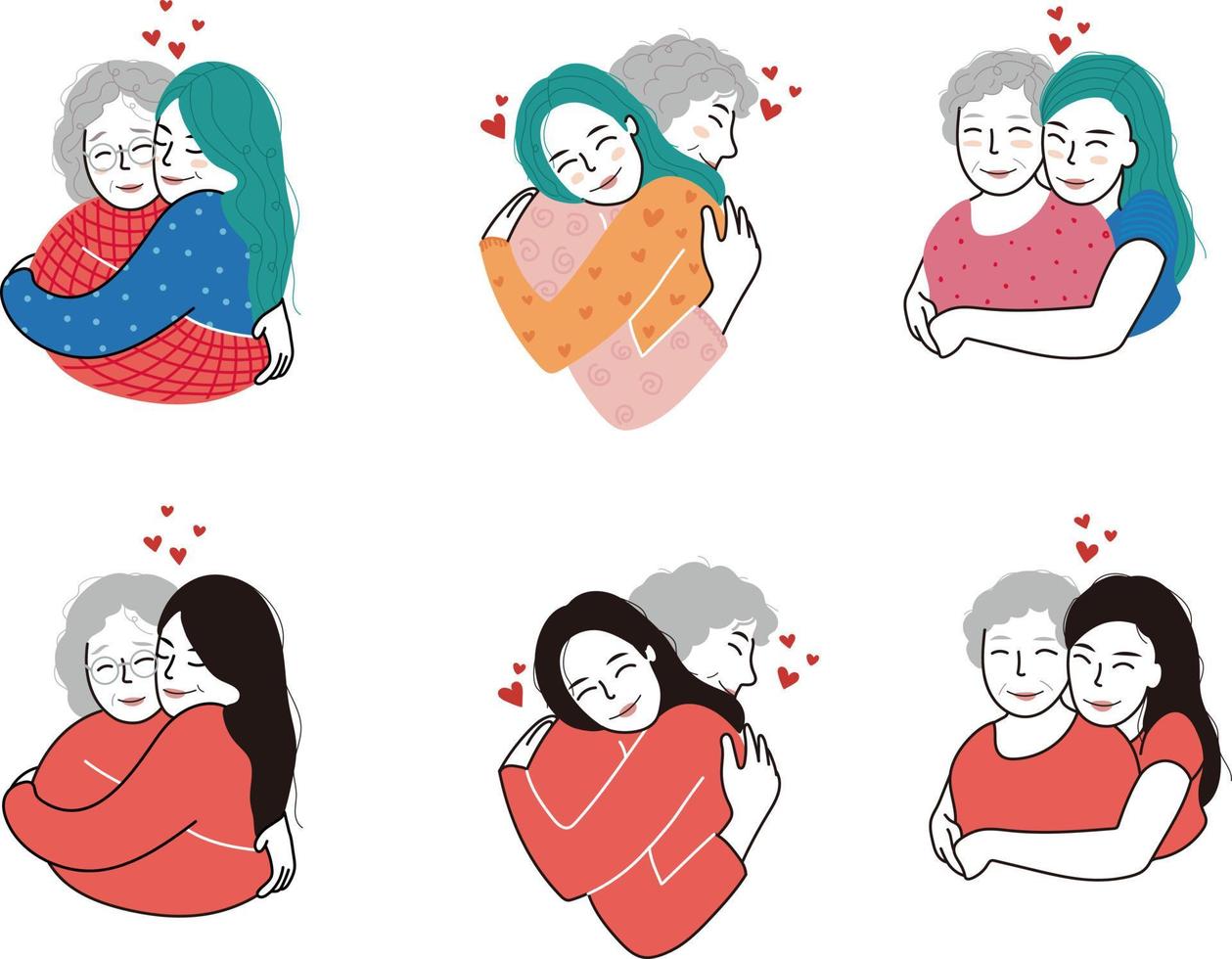 Woman with mother. Love for loved ones, care.Mothers Day. Banner, greeting card, portrait of daughter hugging mom. elderly healthcare Cartoon flat vector illustration