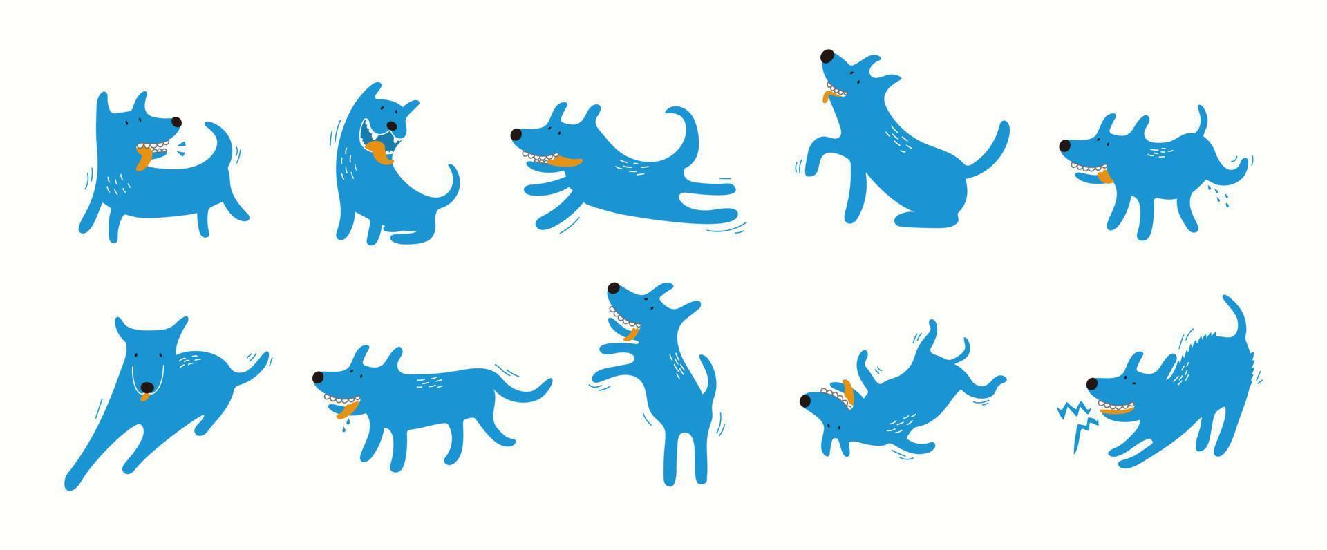 lindos perros de dibujos animados, juegos de perros divertidos, correr y acostarse.conjunto de elementos vectoriales vector