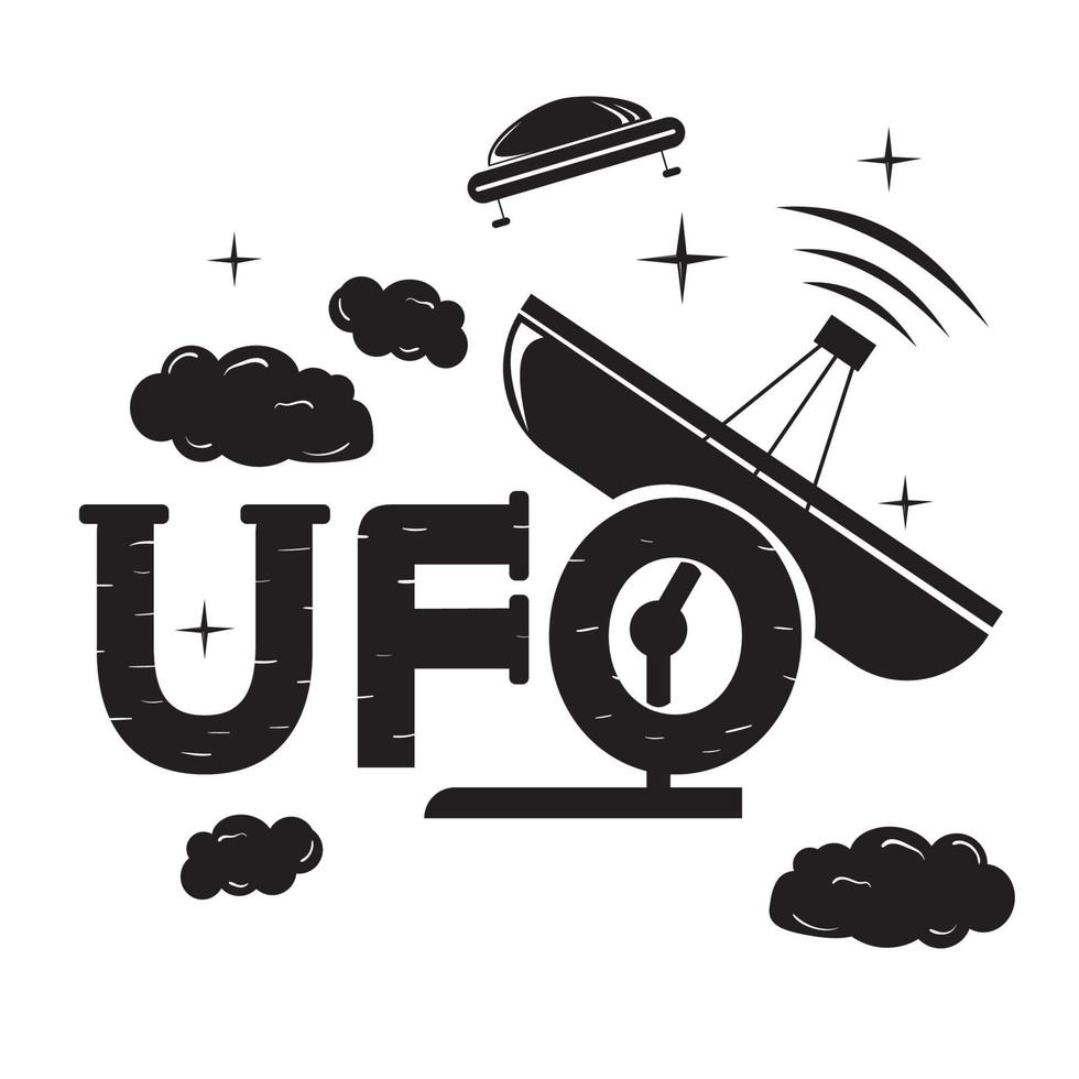 stylized inscription UFO telescope receives a signal from a flying saucer black and white image on an isolated background vector