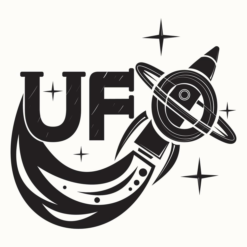 stylized inscription UFO with a flying rocket through the letter black and white image on an isolated background vector