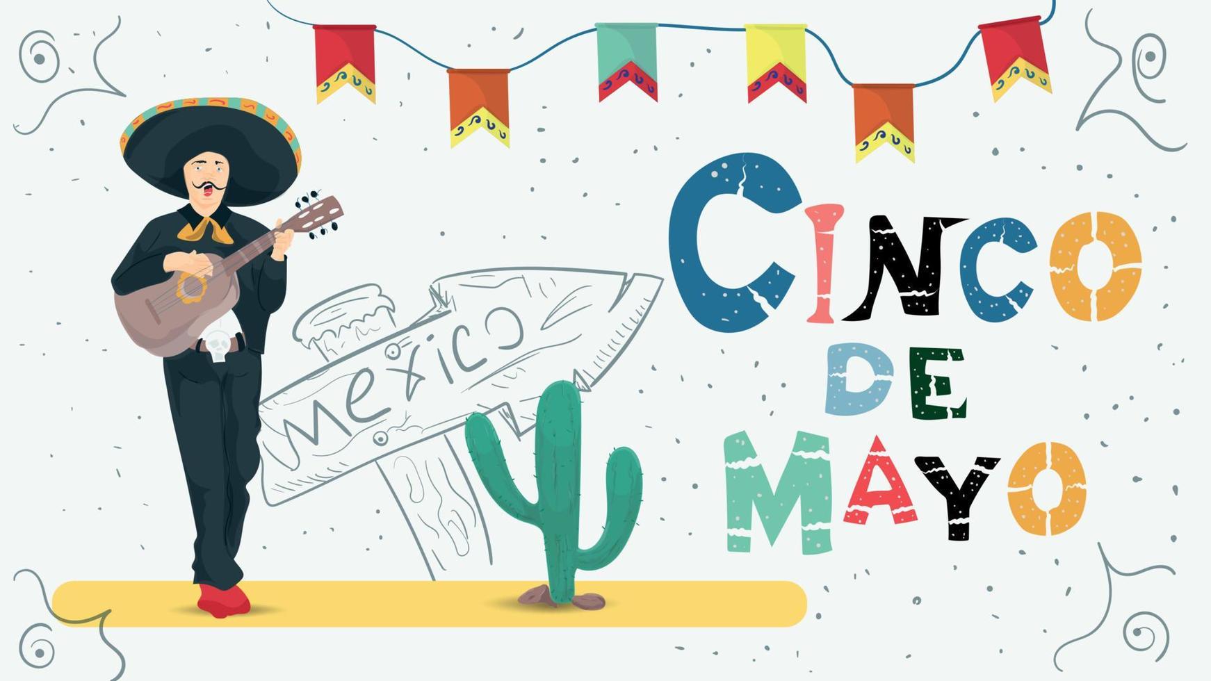 Vector flat design illustration on the theme of the Mexican holiday Cinco de Mayo A man in a suit with a guitar on the background of a pointer and a cactus